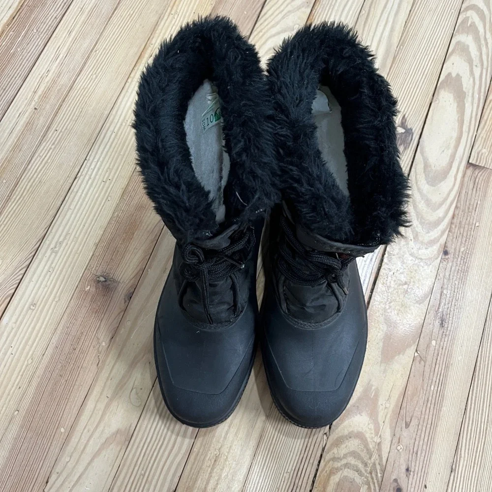 Sorel Black Winter Snow Boots Mid-Calf Faux Fur Trim Lace Up Insulated Womens 10